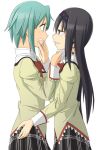  2girls akemi_homura black_hair blue_eyes blue_hair chin_grab clenched_teeth clothes_grab eye_contact grin hand_on_another&#039;s_hip hiroshima_mikan jewelry long_hair looking_at_another mahou_shoujo_madoka_magica mahou_shoujo_madoka_magica_movie miki_sayaka multiple_girls school_uniform short_hair single_earring smile spoilers violet_eyes wrist_grab 