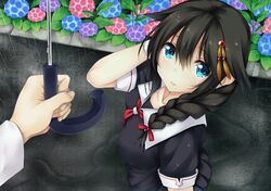  1girl adjusting_hair black_hair blue_eyes braid collarbone crying flower hair_ornament hydrangea kantai_collection looking_at_viewer pov rain rayn school_uniform serafuku shigure_(kantai_collection) single_braid solo_focus streaming_tears tears umbrella 