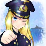  1girl alternate_costume battleship bismarck bismarck_(kantai_collection) blonde_hair blue_eyes blue_sky blush bust buttons clenched_hand hat kantai_collection kriegsmarine long_hair long_sleeves ocean outdoors peaked_cap sky smile solo sumizono swastika water 