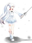  absurdres blood blood_on_face boots cropped_jacket dress frilled_skirt frills hair_ornament hair_up highres jewelry long_hair long_sleeves necklace ponytail rwby saber_(weapon) skirt sword tagme very_long_hair weapon weiss_schnee 