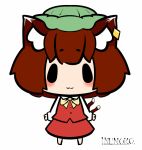  1girl :3 animal_ears blush_stickers brown_hair cat_ears chen hat hikimayu inunoko. ribbon short_hair tail touhou 