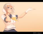  1girl blue_eyes blush breasts gloves hair_ornament hairclip hamakaze_(kantai_collection) highres kantai_collection kedama_keito large_breasts letterboxed outstretched_arm ribbon school_uniform serafuku short_hair silver_hair solo twitter_username white_gloves 