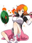  1girl asymmetrical_bangs bangs bloomers blue_eyes breasts character_name cleavage_cutout fingerless_gloves food foreshortening fruit full_body gloves grin hair_over_one_eye holding looking_at_viewer nora_valkyrie orange_hair pink_gloves rwby shoes short_hair siroirohituji sitting smile solo tsurime underwear watermelon white_background 