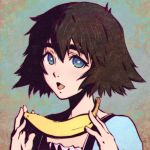  1girl banana black_hair blue_eyes bust food fruit ilya_kuvshinov looking_at_viewer open_mouth portrait shiina_mayuri short_hair solo steins;gate 