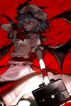  1girl arm_up ascot bat_wings blue_hair bow briefcase dark frills glowing glowing_eyes hat hat_bow kozou_(soumuden) long_skirt looking_at_viewer mob_cap puffy_sleeves red_background red_eyes remilia_scarlet shirt short_hair short_sleeves simple_background skirt skirt_set smile solo touhou vest wings wrist_cuffs 