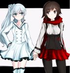  2girls black_hair blue_eyes cape holding_hands long_hair multiple_girls pantyhose ponytail ruby_rose rwby short_hair smile weiss_schnee white_hair zibun_owl 