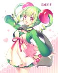  1girl :d bag casual drill_hair green_hair hair_bobbles hair_ornament handbag looking_at_viewer masaru.jp open_mouth original pointing red_eyes scarf smile solo tagme twintails 