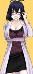  1girl adjusting_glasses antenna_hair black_hair blush_stickers breast_hold breasts cecile-sensei cleavage glasses kamisuki labcoat large_breasts miniskirt open_mouth original short_hair skirt smile solo yellow_eyes 