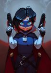  1girl alkemanubis black_hair blood blue_eyes cape dual_wielding gloves gun handgun highres hit-girl kick-ass lock mask padlock pistol short_hair smoke smoking_gun sword weapon 