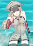  1girl bare_shoulders bismarck_(kantai_collection) black_legwear black_panties blue_eyes breasts elbow_gloves from_above gloves hat kantai_collection large_breasts long_hair looking_at_viewer looking_up military military_uniform panties partially_submerged peaked_cap sitting smile solo thigh-highs underwear uniform waado_(shissouheki) water zettai_ryouiki 