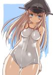  1girl bismarck_(kantai_collection) blonde_hair blue_eyes blue_sky blush breasts clouds covered_navel frown hat highres kantai_collection long_hair looking_at_viewer one-piece_swimsuit oota_yuuichi peaked_cap sky solo swimsuit very_long_hair white_swimsuit 