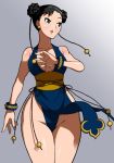  1girl alternate_costume black_hair bracelet breasts chun-li double_bun grey_eyes jewelry k_kokyo10 leotard sash short_hair sideboob solo spiked_bracelet spikes street_fighter street_fighter_iv wide_hips 