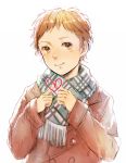  1boy billies_(christina_oh) brown_eyes brown_hair coat genshiken hato_kenjirou heart looking_at_viewer scarf short_hair simple_background solo spoilers white_background 