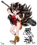  1girl bangle black_hair boots bracelet brown_eyes child club du_dou eyeshadow horns huge_weapon jewelry long_hair makeup oboro_muramasa oni over_shoulder pouch rajagi small_breasts smile solo spiked_club tetsumasa weapon weapon_over_shoulder 