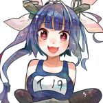  1girl blue_hair breast_rest breasts fang hair_ornament hair_ribbon i-19_(kantai_collection) itomugi-kun kantai_collection long_hair name_tag open_mouth red_eyes ribbon school_swimsuit smile solo star star-shaped_pupils swimsuit symbol-shaped_pupils torpedo twintails 