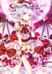 1girl ascot flower frilled_skirt frills full_moon hat head_tilt jaku_sono looking_at_viewer mob_cap moon pointy_ears red_eyes remilia_scarlet rose silver_hair sitting skirt smile solo tagme touhou wrist_cuffs 