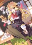  1girl absurdres acorn blonde_hair blush bow dress dutch_angle fang full_body hair_ribbon highres itsukushima_takako keikaj long_hair looking_at_viewer open_mouth otome_wa_boku_ni_koishiteru ribbon school_uniform sitting sliding_doors solo squirrel thigh-highs violet_eyes wind_chime 