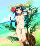  1girl :o anzu_(pixiv) beach bikini blue_hair bracelet brown_eyes clouds dutch_angle flower hair_flower hair_ornament hat hibiscus highres jewelry navel sandals sekaiju_no_meikyuu sekaiju_no_meikyuu_3 shogun_(sekaiju) sky solo strap_lift straw_hat swimsuit water 