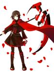  1girl absurdres boots brown_hair cape cross cross-laced_footwear dress frills highres lace-up_boots pantyhose petals rose_petals ruby_rose rwby scythe short_hair skirt solo thigh-highs weapon 