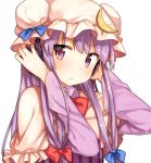  1girl arms_up bow capelet crescent hair_bow hair_ornament hat hat_bow headphones long_hair long_sleeves looking_at_viewer mob_cap patchouli_knowledge portrait purple_hair shinova simple_background solo touhou violet_eyes white_background 