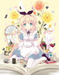  1girl :q alice_(wonderland) alice_in_wonderland aqua_eyes blonde_hair book card cup flower hairband holding long_hair looking_at_viewer mary_janes original playing_card shoes sitting smile solo suihi tagme teacup tongue tongue_out white_legwear 