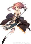  1girl black_dress breasts dress elbow_gloves fighting_stance galaxy_dungeon gloves hair_ornament halberd highres keypot long_hair official_art open_mouth pink_eyes pink_hair polearm solo thigh-highs weapon white_background white_legwear 