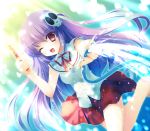  1girl ;d hair_ornament haqua_du_lot_herminium holding kami_nomi_zo_shiru_sekai long_hair looking_at_viewer one_eye_closed open_mouth pleated_skirt purple_hair school_uniform skirt skull_hair_ornament smile solo suihi tagme violet_eyes water water_drop water_hose 