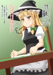  1girl :3 apron blonde_hair blush board_game bow braid comic dress hat hs-totyu kirisame_marisa long_hair mahjong mahjong_table mahjong_tile open_mouth puffy_short_sleeves puffy_sleeves short_sleeves single_braid smile snort solo strip_mahjong touhou translation_request turtleneck vest waist_apron witch_hat yellow_eyes 