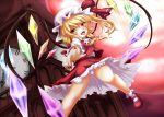  1girl :d ascot aya-on_(miria00) bare_legs blonde_hair clock clock_tower flandre_scarlet frilled_skirt frills hat hat_ribbon highres mary_janes mob_cap open_mouth panties pantyshot red_eyes red_sky ribbon scarlet_devil_mansion shoes short_hair short_sleeves skirt sky smile touhou tower underwear vest wings 