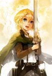  1girl :d andrian_gilang blonde_hair blue_eyes cape christa_renz highres looking_at_viewer open_mouth shingeki_no_kyojin short_hair smile solo sword uniform weapon 