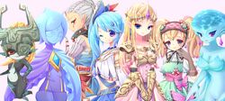  agitha aoi_rena armor blonde_hair blue_eyes blue_hair cape earrings empty_eyes fi gloves grin helmet highres impa jewelry lana_(zelda_musou) long_hair midna ocarina_of_time one_eye_closed pointy_ears princess_ruto princess_zelda red_eyes side_ponytail skyward_sword smile the_legend_of_zelda tiara twilight_princess twintails violet_eyes white_hair zelda_musou 