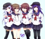  4girls akatsuki_(kantai_collection) black_hair black_legwear blouse blue_eyes brown_eyes brown_hair flat_cap folded_ponytail hair_ornament hairclip hat hibiki_(kantai_collection) ikazuchi_(kantai_collection) inazuma_(kantai_collection) kantai_collection long_hair mazeru_(jisjifin) multiple_girls open_mouth pantyhose school_uniform serafuku short_hair silver_hair skirt smile thigh-highs white_hair 