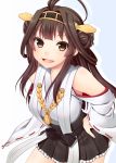  1girl blush brown_eyes brown_hair detached_sleeves hairband hands_on_hips hazuki_(etcxetc) headgear japanese_clothes kantai_collection kongou_(kantai_collection) long_hair looking_at_viewer nontraditional_miko open_mouth solo wide_sleeves 