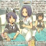  3girls admiral_(kantai_collection) artist_self-insert blood_donation brown_hair colored_pencil_(medium) eyepatch gloves headgear kantai_collection kirisawa_juuzou long_hair mechanical_halo multiple_girls nagato_(kantai_collection) nurse purple_hair school_uniform short_hair tatsuta_(kantai_collection) tenryuu_(kantai_collection) traditional_media translated wince 