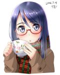  1girl blue_eyes blue_hair blush coat cup dated glasses long_hair looking_at_viewer open_mouth original red-framed_glasses scarf semi-rimless_glasses signature solo steam takebi under-rim_glasses 