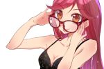  1girl :p adjusting_glasses aikatsu! bespectacled blush brown_eyes glasses hato_haru long_hair looking_at_viewer otoshiro_seira pink_hair simple_background smile tongue tongue_out white_background 