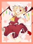  1girl :d ;d absurdres ascot fang flandre_scarlet frilled_skirt frills hat hat_ribbon highres minamina mob_cap one_eye_closed open_mouth puffy_short_sleeves puffy_sleeves red_eyes ribbon short_sleeves skirt smile star starry_background touhou vest wings 