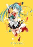  1girl boots fingerless_gloves gloves green_eyes green_hair hatsune_miku headphones jumping long_hair looking_at_viewer pleated_skirt rubber_boots skirt solo tagme twintails vocaloid yamamoto_akie 