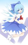  1girl :d blue_eyes blue_hair bobby_socks bow cirno dress hair_bow highres msa open_mouth puffy_short_sleeves puffy_sleeves short_hair short_sleeves smile socks touhou wings 