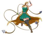  1girl bianca blonde_hair blue_eyes boots bracer braid cloak dragon_quest dragon_quest_v dress earrings full_body huracan jewelry necklace open_mouth solo thigh-highs weapon whip zettai_ryouiki 