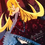  1girl absurdres artist_name bare_shoulders blonde_hair breasts cleavage dress elbow_gloves gloves highres kiss-shot_acerola-orion_heart-under-blade long_hair monogatari_(series) pointy_ears red_dress saiho slit_pupils very_long_hair white_gloves yellow_eyes 