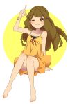  1girl alternate_hairstyle barefoot braid brown_eyes brown_hair dress inazuma_eleven_(series) inazuma_eleven_go inazuma_eleven_go_chrono_stone long_hair looking_at_viewer nanobana_kinako no_pupils one_eye_closed sekina simple_background sitting smile white_background 