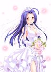  1girl ahoge bouquet breasts cleavage crown dress elbow_gloves flower gloves idolmaster jewelry large_breasts long_hair looking_at_viewer miura_azusa necklace open_mouth purple_hair red_eyes solo veil wedding wedding_dress yuushi 