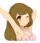  1girl armpits arms_up blush brown_eyes brown_hair bust face inazuma_eleven_(series) inazuma_eleven_go inazuma_eleven_go_chrono_stone long_hair nanobana_kinako no_hairband no_pupils sekina simple_background solo stretch white_background 