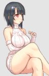  1girl and bangs bare_shoulders black_hair blunt_bangs breasts crossed_legs detached_sleeves kantai_collection red_eyes ribbed_dress seaport_hime seaport_hime_(cosplay) short_hair sitting solo sweater takao_(kantai_collection) 