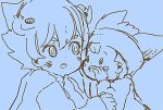  2boys blue blue_background blush blush_stickers ebi_no_osushi headband inazuma_eleven_(series) inazuma_eleven_go lowres male matsukaze_tenma monochrome multiple_boys nishizono_shinsuke open_mouth short_hair whispering 