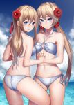  2girls ass bare_shoulders bikini blonde_hair blue_eyes blush collarbone flower hair_flower hair_ornament holding_hands interlocked_fingers long_hair looking_at_viewer looking_back low_twintails multiple_girls navel original ray-akila siblings sisters small_breasts swimsuit twintails white_bikini white_swimsuit 