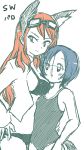  2girls bikini blue_hair breast_envy breasts ebi_no_osushi erica_hartmann erica_hartmann_(cosplay) goggles goggles_on_head hanna-justina_marseille hanna-justina_marseille_(cosplay) head_wings height_difference inazuma_eleven_(series) inazuma_eleven_go large_breasts long_hair monochrome multiple_girls one-piece_swimsuit orange_hair parody seto_midori short_hair small_breasts sorano_aoi spot_color strike_witches swimsuit tail white_background 