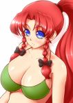  1girl alternate_costume alternate_hairstyle bikini blue_eyes blush bow braid breasts bust cleavage green_bikini hair_bow hong_meiling large_breasts long_hair looking_at_viewer mazume ponytail redhead simple_background solo swimsuit touhou twin_braids white_background 