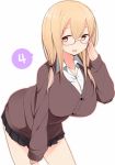  1girl adjusting_glasses blonde_hair blush breasts cardigan glasses large_breasts long_hair looking_at_viewer nekoume open_mouth original skirt solo white_background yellow_eyes 